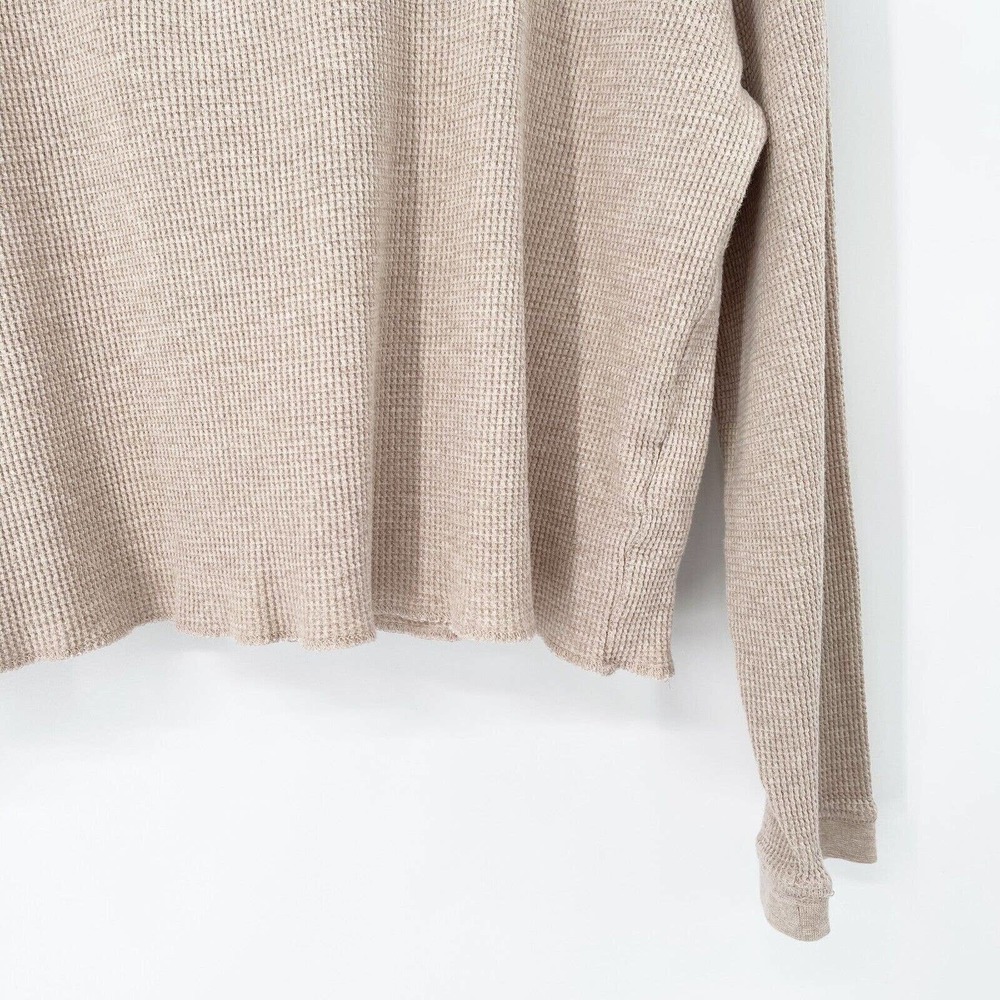Everlane Henley Waffle Knit Thermal Shirt Sz L Tan Cropped Pullover Long Sleeve - Picture 3 of 6